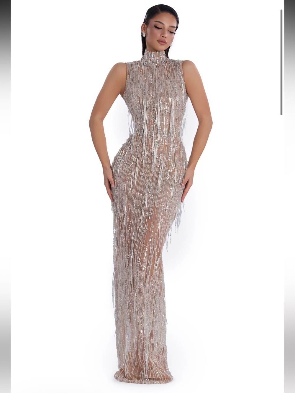 High-Neck Sleeveless Sequin Fringe Maxi Dress in Nude
